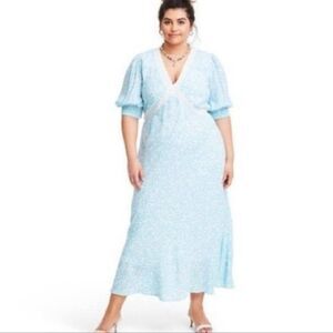 Rixo For Target Blue Ditsy Floral Elbow Puff Sleeve V-Neck Maxi Dress Size 14